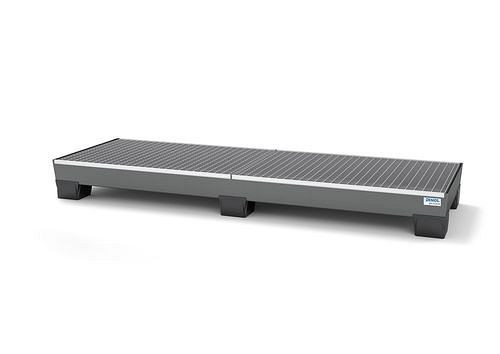 DENIOS Auffangwanne pro-line für 4 Fässer, Stahl grau lackiert, Füße, mit Gitterrost, B 2470 mm, 259355