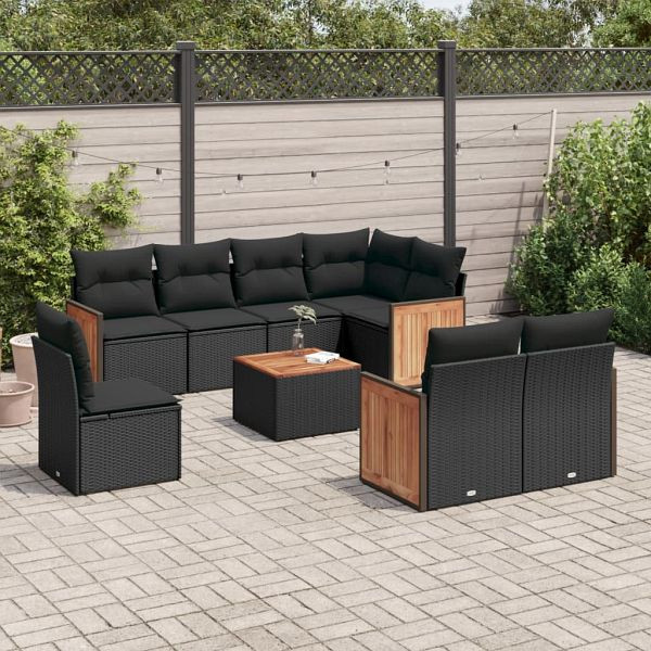 vidaXL 9-tlg. Garten-Sofagarnitur mit Kissen Schwarz Poly Rattan, 3260249