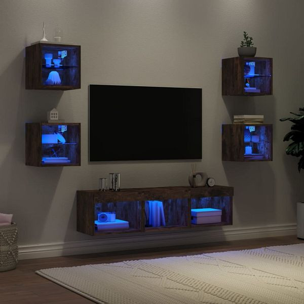 vidaXL 7-teilig Wohnwand mit LED-Beleuchtung Räuchereiche Holzwerkstoff, 3216587