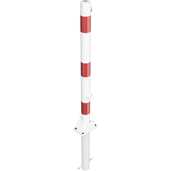 Stein HGS Absperrpfosten -Bollard-, umlegbar, mit Dreikantverschluss, Schließung unten, zum Einbetonieren, weiß, mit 3 roten Leuchtstreifen, ohne Ösen, 460fuhb