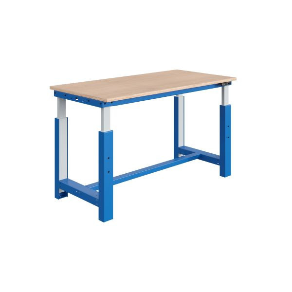 SOFAME SI Werkbank, elektrisch höhenverstellbar, B 1500 x T 750 x H 724 bis 1224 mm, Multiplex-Arbeitsplatte 24 mm, Himmelblau RAL 5015, W010010816BI