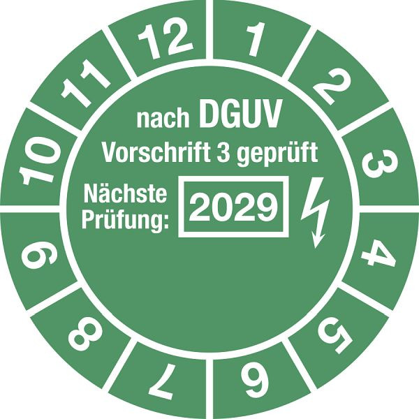 Moedel Prüfplakette nach DGUV, Nächste Prüfung, 2029, Dokumentenfolie, Ø 30 mm, VE: 10 Stück/Bogen, 108177