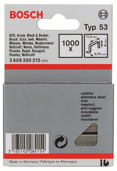 Bosch Feindrahtklammer Typ 53, 11,4 x 0,74 x 8 mm, 1000er-Pack, rostfrei, 2609200215