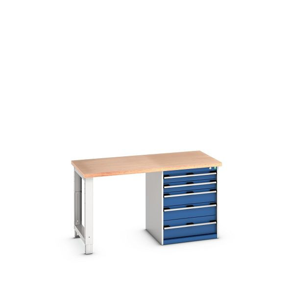 bott cubio Werkbank mit Schubladenschrank 5 Schubladen, Fuß, Multiplex-Platte, BxTxH: 1500x750x840mm, Multiplex RAL 7035/5010, 41003315.11V
