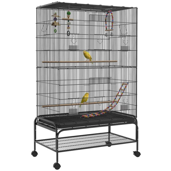 PawHut Vogelkäfig inklusive Sitzstangen, herausnehmbare Bodenwanne, Schwarz, D10-091V00BK