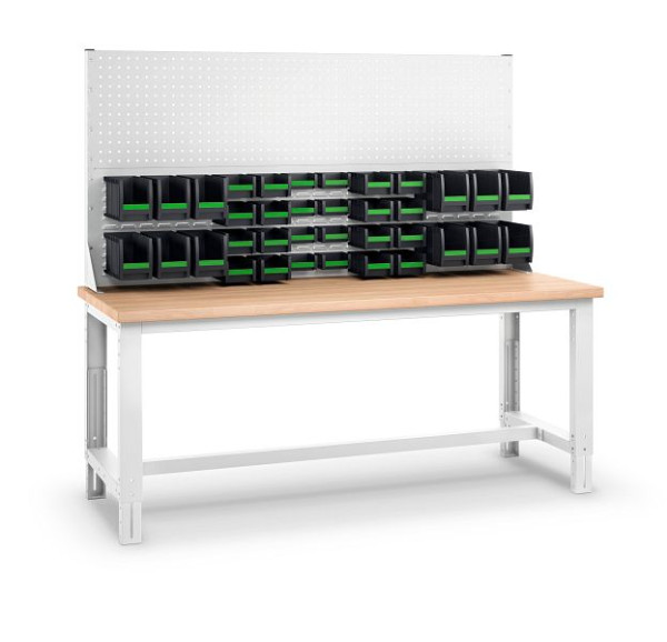 bott cubio Werkbank mit Aufsatzrahmen 2 Schubladen, 36 bottBoxen, Multiplex BxTxH: 2000 x 750 x 740-1140 mm, Multiplex RAL 7035, 41003560.16V