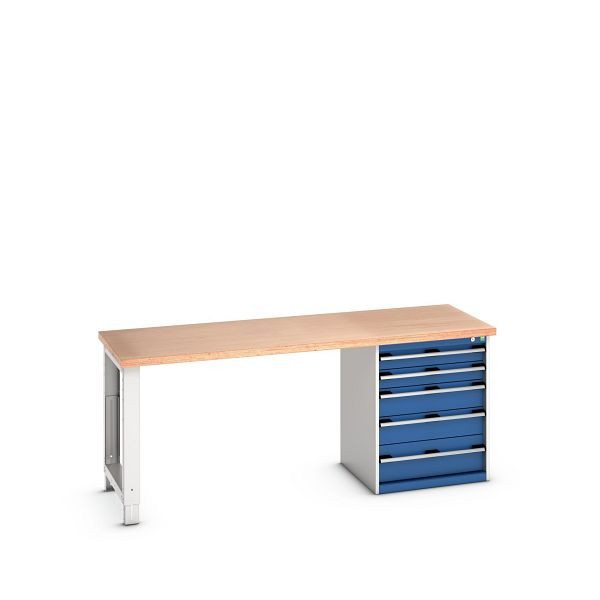 bott cubio Werkbank mit Schubladenschrank 5 Schubladen, Fuß, Multiplex-Platte, BxTxH: 2000x750x840mm, Multiplex RAL 7035/5010, 41003323.11V