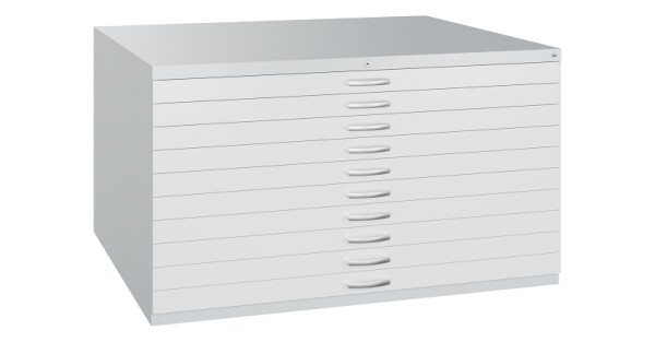 C+P Flachablageschrank Serie 7100_7200, H760xB1350xT960mm, 7035/7035, 10 Schubladenblenden doppelwandig, 7201-000 S10489