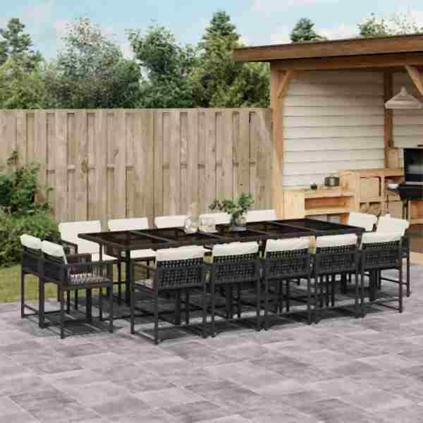vidaXL 15-tlg. Garten-Essgruppe mit Kissen Schwarz Poly Rattan, UV-beständig, 3211590