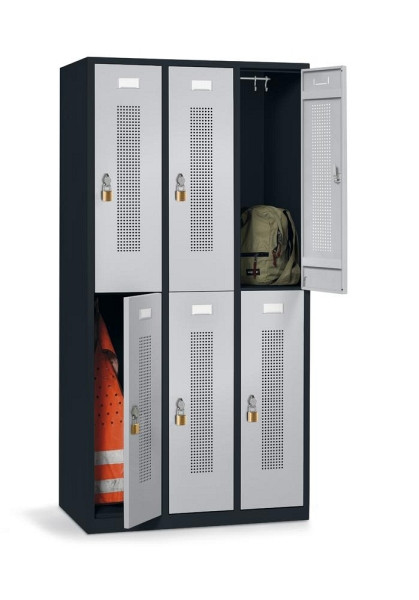 Deskin Doppelstöckiger Garderoben-Spind ohne Unterbau, Alusilber RAL 9006, 870 x 500 x 1700 mm, 6 Abteile, Korpus: Anthrazit RAL 7021, 346909