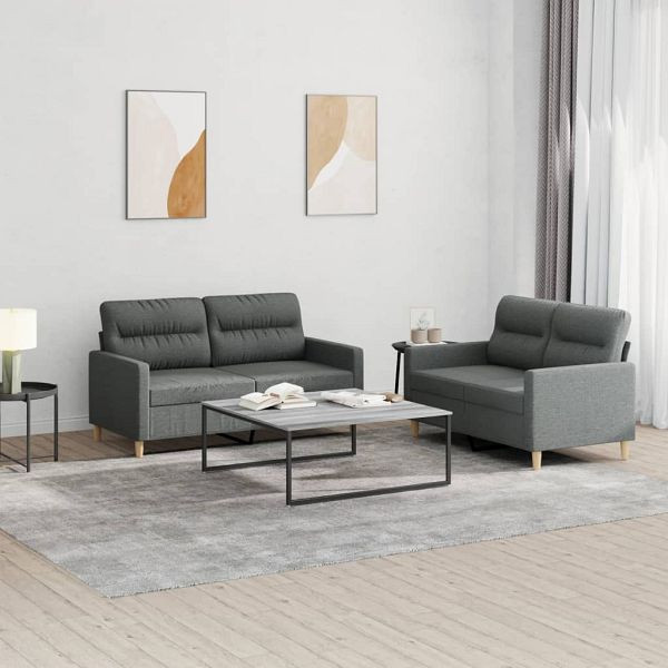 vidaXL 2-teilig Sofagarnitur mit Kissen Dunkelgrau Stoff, 3201569