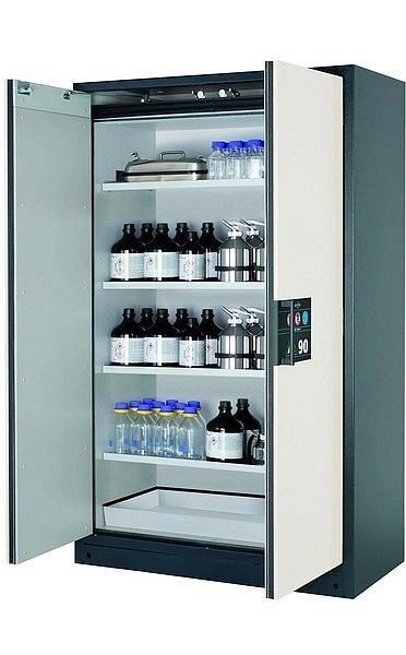 asecos Sicherheitsschrank Q-CLASSIC-90, Q90.195.120 in reinweiß RAL 9010 mit 4x Fachboden (Stahlblech), 30001-050-30006