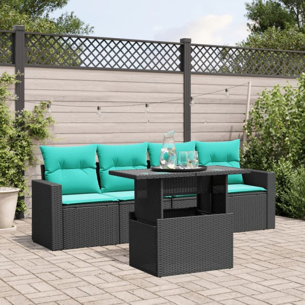 vidaXL 5-teiliges Gartensofa-Set mit Kissen, schwarzes Polyrattan, 3267097