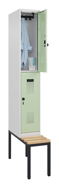 C+P Doppelstock-Spind Evolo PLUS, Bank, 2 Fächer, 2120x300x815mm, 9016/6019, Drehriegel, Sitzfläche Buche-Hartholz, Sitzbank, 0493507-10 S10019