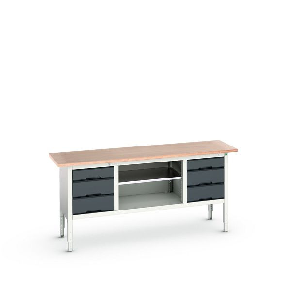 bott verso Kastenwerkbank (Multiplex-Platte) mit 6 Schubladen und 1 Ablageboden, BxTxH: 2000 x 600 x 830 - 930 mm, Lichtgrau / Anthrazitgrau, 16923034.19