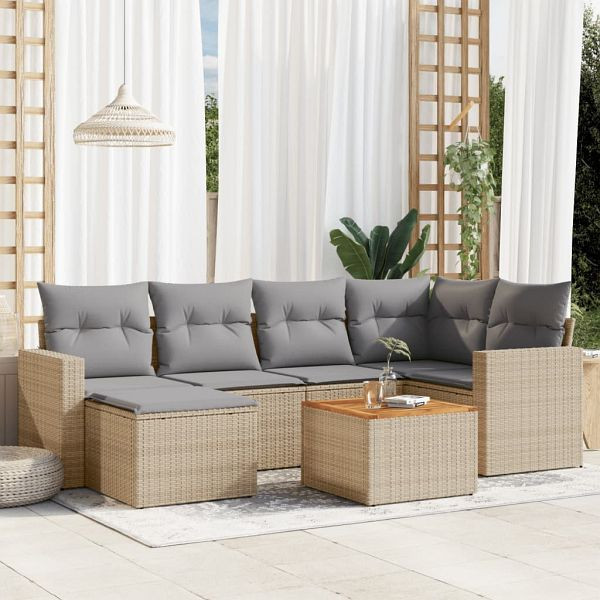 vidaXL 7-teilig Garten-Sofagarnitur mit Kissen Beige Poly Rattan, 3224225
