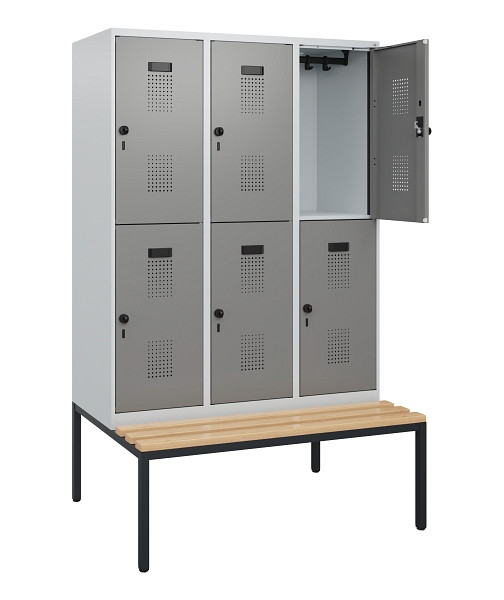 C+P Doppelstöckiger Spind Evolo PLUS, Bank, 6 Fächer, 1950x1200x815mm, 7035/0004, Drehriegel, Sitzfläche Buche-Hartholz, Sitzbank, 0493505-32 S10014