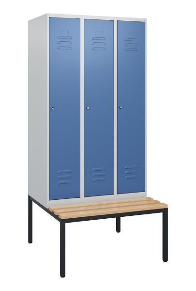 C+P Umkleidespind Classic PLUS, mit untergebauter Sitzbank, 3 Abteile, 1950x900x815mm, 7035/5023, Zylinderschlösser, Buche-Sitzleisten, 0800505-30 S10020