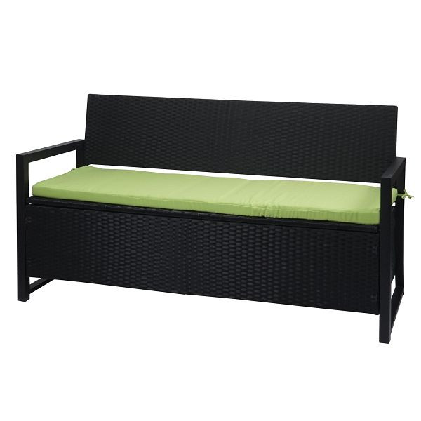 Mendler Poly-Rattan 3er Sitzbank HWC-F39, Gartenbank Truhenbank, Staufach Aufbewahrung Sitzkissen, anthrazit, Kissen grün, 76585+76599