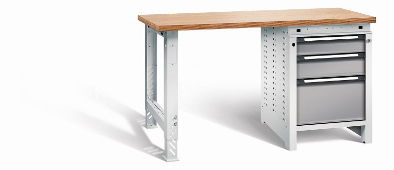 Otto Kind Werkbank function Typ 205, überstehende Multiplex-Arbeitsplatte, 1 Fußgestell, 1 Unterbau, Gehäuse RAL 7035, Front RAL 7037, 072192067