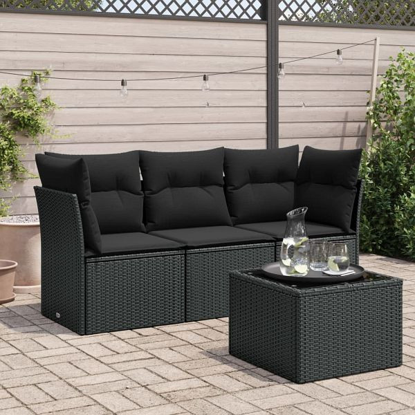 vidaXL 4-teilig Garten-Sofagarnitur mit Kissen Schwarz Poly Rattan, 3217215