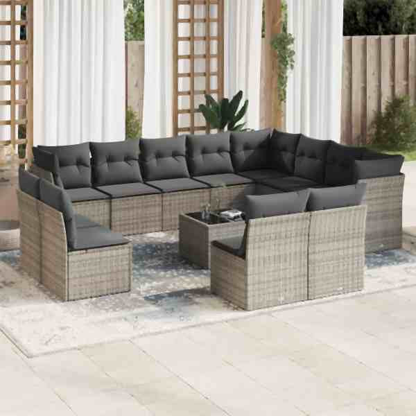 vidaXL 13-tlg. Garten-Sofagarnitur mit Kissen Grau Poly Rattan, UV-beständig, 3218480