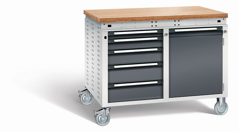 Otto Kind Werkbank Serie function Typ 253 fahrbar, Multiplexplatte 40 mm, bündig, 2x Unterbau, Gehäuse RAL 7035, Front RAL 7016, 072384149