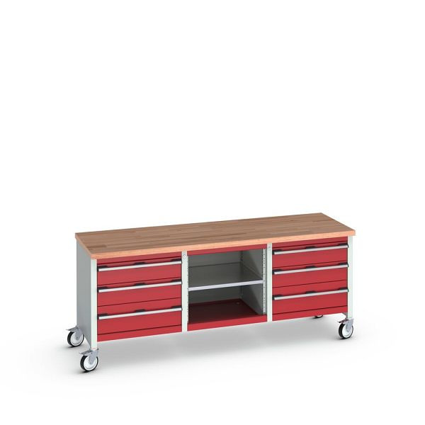 bott cubio Kastenwerkbank mobil 6 Schubladen, Ablage, Rotbuche-Arbeitsplatte, BxTxH: 2000x750x840mm, RAL 7035/3004, Purpurrot, 41002131.24V