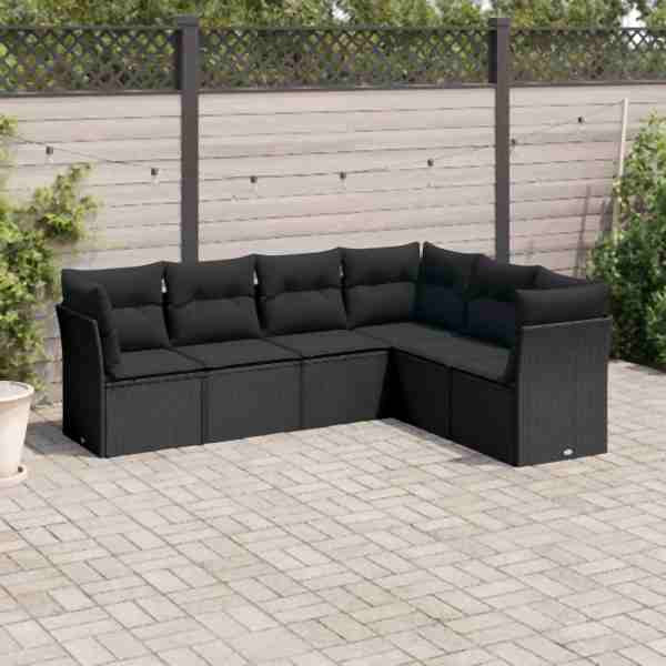 vidaXL 6-tlg. Garten-Sofagarnitur mit Kissen Schwarz Poly Rattan, UV-beständig, 3217675