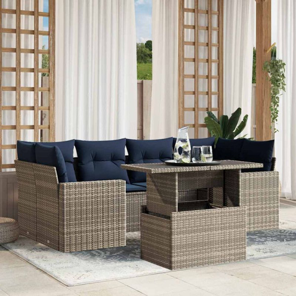 vidaXL 7-teiliges Gartensofa-Set mit Kissen, grau, Polyrattan, 3267131