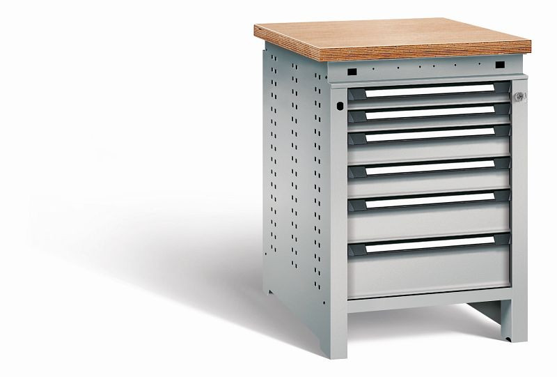 Otto Kind Werkbank Serie function Typ 110, Multiplexplatte, bündig, 6 Schubladen, mit Zentralverschluss, komplett RAL 9006, 072327196