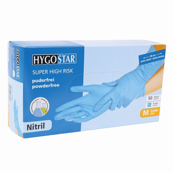Hygostar Chemikalienschutzhandschuhe Super High Risk, blau, Größe 8/M, Nitril puderfrei, Länge 30 cm, VE: 500 Stück, 26656