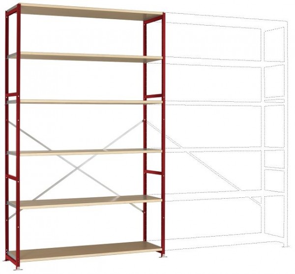 Manuflex Großfach-Steckregal Grundregal mit 6 Holzverbundböden, HxBxT = 2500 x 1530 x 500 mm, rubinrot, RP1342.3003