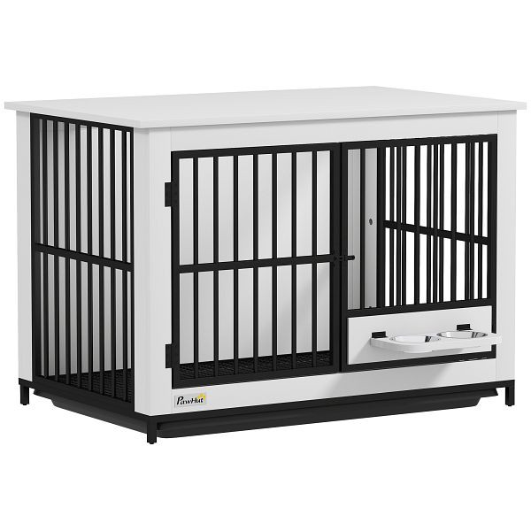 PawHut Große Hundebox, einfacher Zugang, verschließbar, drehbarer Schüsselhalter, für kleine und große Hunde, Weiß, D02-246V00WT