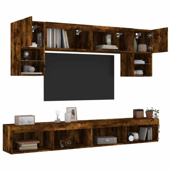 vidaXL 6-tlg. Wohnwand mit LED-Beleuchtung Räuchereiche Holzwerkstoff, 3216708