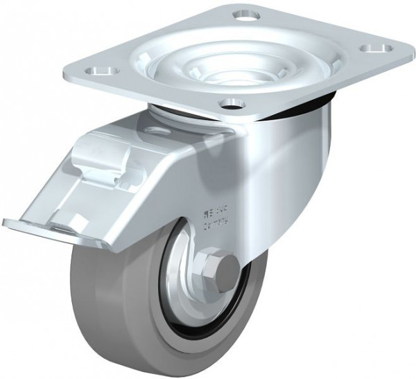 Blickle LE-POEV 80XR-FI-SG-FA Stahlblech-Lenkrolle mit Anschraubplatte & Feststeller, Elastik-Vollgummi, Grau, 850069