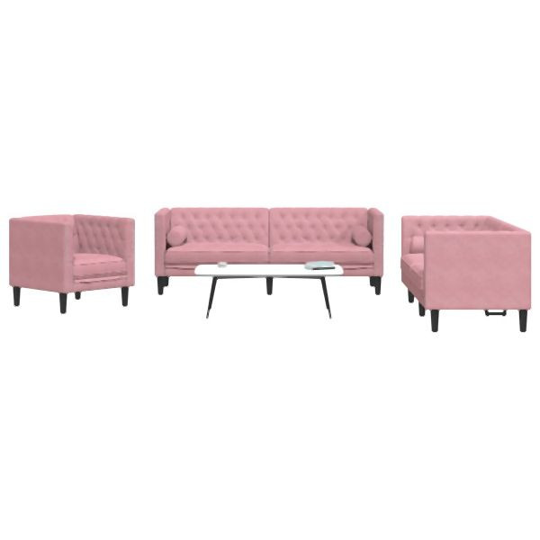 vidaXL 3-teilig Chesterfield-Sofa-Set mit Nackenrollen Rosa Samt, 3209284