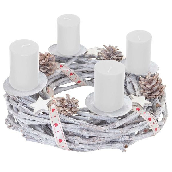Mendler Adventskranz rund, Weihnachtsdeko Tischkranz, Holz Ø 30cm weiß-grau, mit Kerzen, weiß, 56667