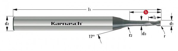 Karnasch VHM-Micro Schaftfräser mit Eckenradius d= 2,00 / r= 0,50 / d2= 6 / L3= 30,0 mm DCC 0318 - Graphit/Zirkonium, 306546020005030