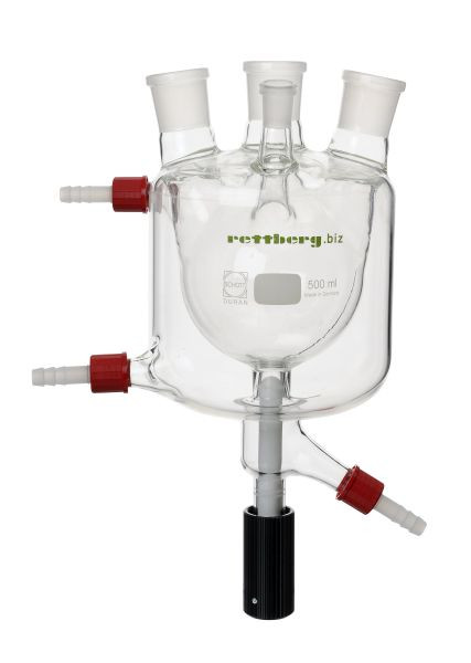 Rettberg 4-Halskolben, 3000 ml, mit Temperiermantel, MH NS 29, SH 2x NS 29, 1x NS 14,5 schräg, Bodenablassventil 0 - 10 mm, 134201068