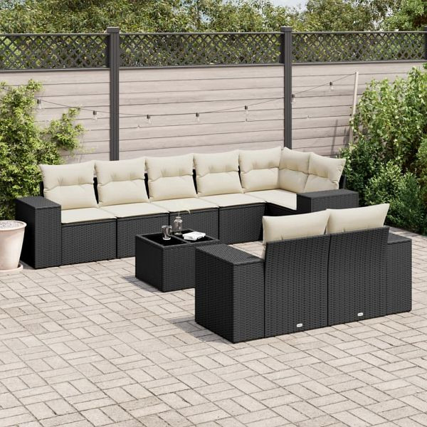 vidaXL 9-tlg. Garten-Sofagarnitur mit Kissen Schwarz Poly Rattan, 3222825