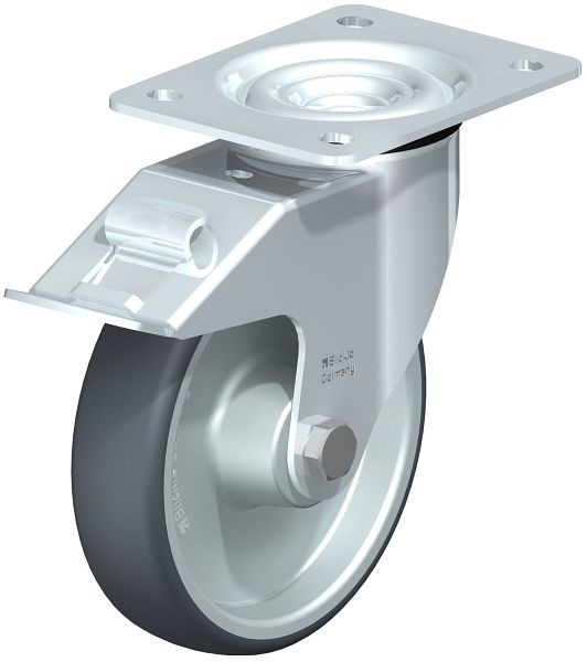 Blickle LE-TPA 160R-FI Stahlblech-Lenkrolle mit Anschraubplatte & Feststeller, Thermoplastisches Gummi-Elastomer, Grau, 755933