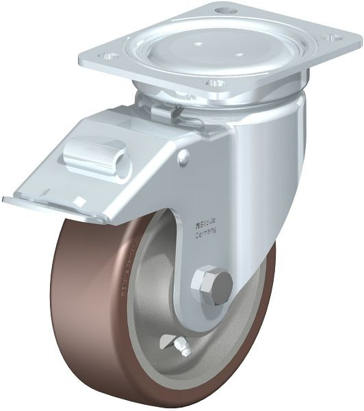 Blickle LU-GB 150K-FI Stahlblech-Lenkrolle, schwere, geschlossene Ausführung, mit Anschraubplatte & Feststeller, Blickle Besthane®, Braun, 755094