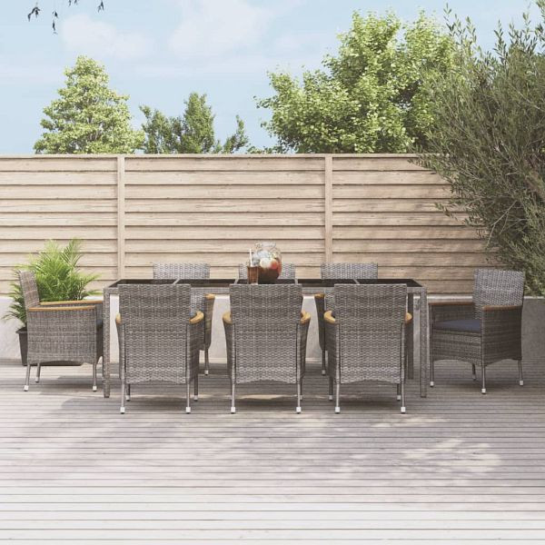 vidaXL 9-tlg. Garten-Essgruppe mit Kissen Grau Poly Rattan, 3187386