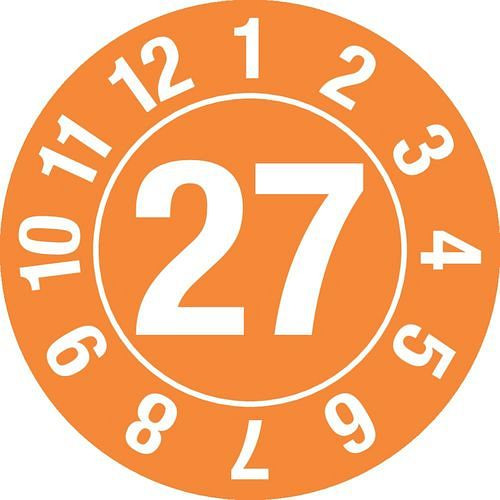 DENIOS Prüfplakette "27", im Kreis, orange, Folie, selbstklebend, 25 mm, VE: 5 Bogen à 15 Stück, 290090