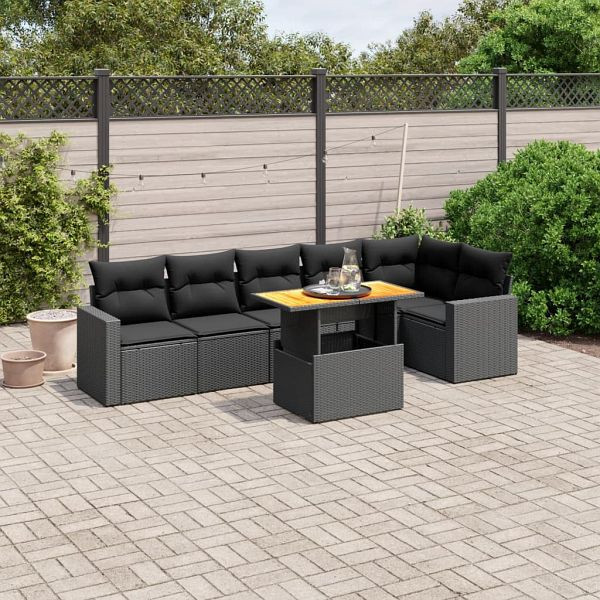 vidaXL 7-teilig Garten-Sofagarnitur mit Kissen Schwarz Poly Rattan, 3271321