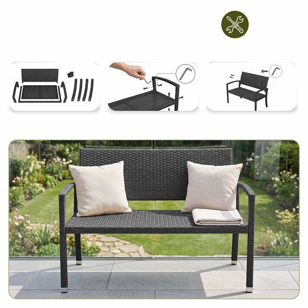 casaria Polyrattan Gartenbank Schwarz 122x58x87cm, 103286