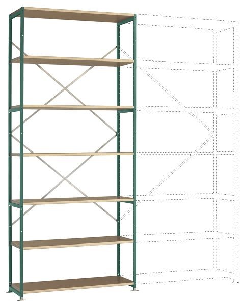Manuflex Breitfach-Steckregal Grundregal mit 7 Holzverbundböden, HxBxT = 3000 x 1280 x 400 mm, graugrün, RP1626.0001