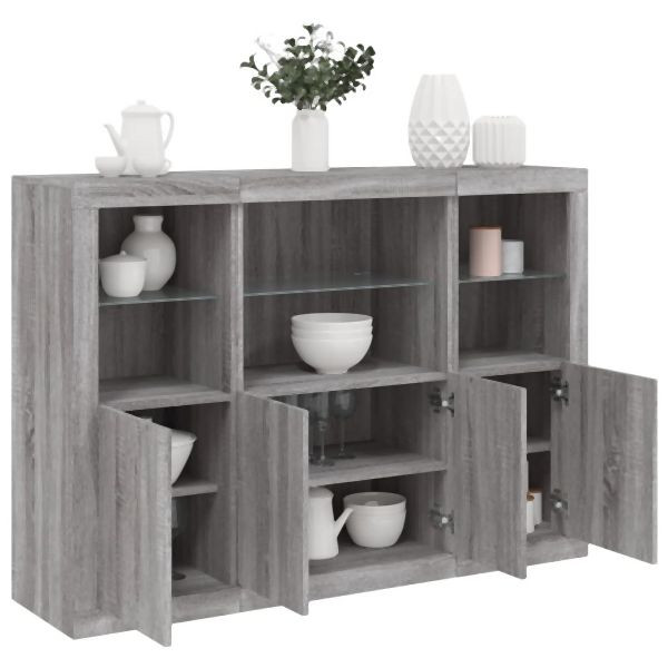 vidaXL Sideboards mit LED-Leuchten 3 Stk. Grau Sonoma Holzwerkstoff, 3209112