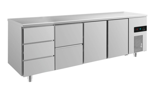 A&S Polarny Kühltisch -2 bis +8°C mit 2x Türen, 1x zwei Schubladen mittig-links und 1x drei Schubladen links, 2330 x 700 x 850 mm, KT4DZTT
